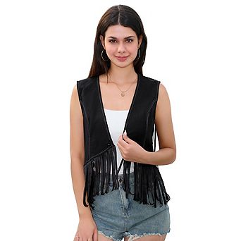 Women Western Fringe Vest Sleeveless V Neck Open Front Tassel Crop Jacket Vintage Cowgirl Casual Top