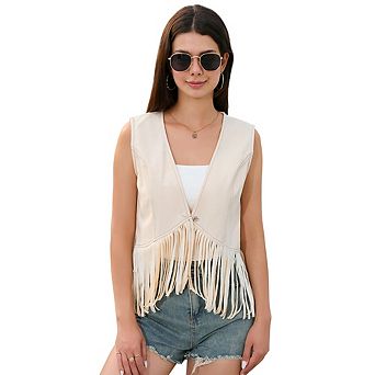 Women Western Fringe Vest Sleeveless V Neck Open Front Tassel Crop Jacket Vintage Cowgirl Casual Top