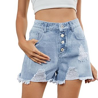 Women's High Waist Button Fly Distressed Denim Shorts Frayed Hem Casual Summer Shorts