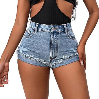 Women's High Waist Denim Shorts Distressed Frayed Rolled Hem Casual Summer Short Jeans