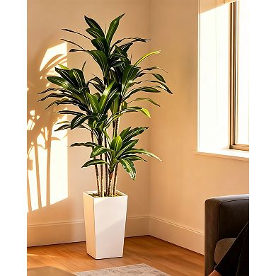 Artificial Dracaena Tree 5FT w/White Tall Planter - Faux Tree Tall Fake Floor Plant