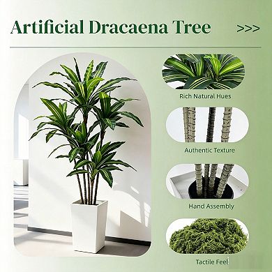 Artificial Dracaena Tree 5FT w/White Tall Planter - Faux Tree Tall Fake Floor Plant