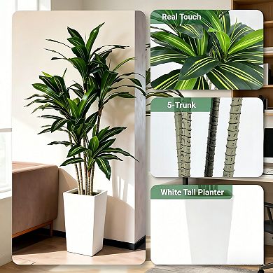 Artificial Dracaena Tree 5FT w/White Tall Planter - Faux Tree Tall Fake Floor Plant