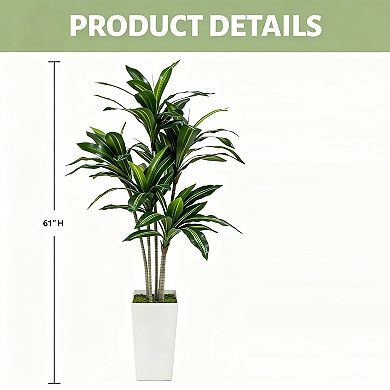 Artificial Dracaena Tree 5FT w/White Tall Planter - Faux Tree Tall Fake Floor Plant