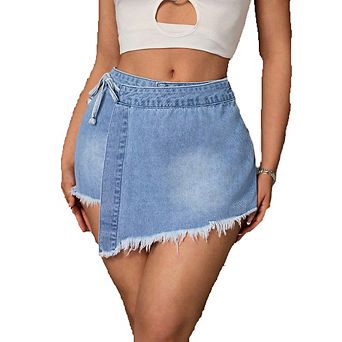 Women's High Waist Wrap Denim Shorts Frayed Hem Drawstring Casual Summer Short Jeans