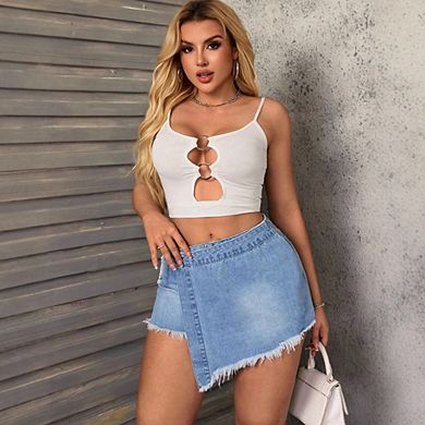 Women's High Waist Wrap Denim Shorts Frayed Hem Drawstring Casual Summer Short Jeans
