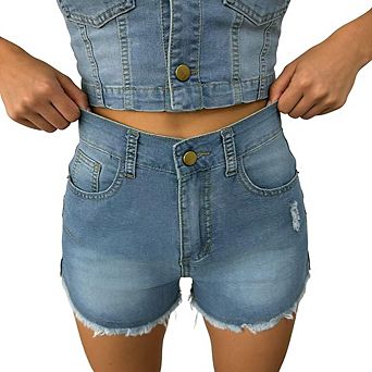 Women's High Waist Denim Shorts Frayed Hem Distressed Casual Summer Short Jeans with Pockets