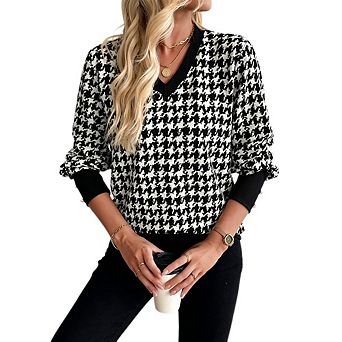Women's V-Neck Top Long Sleeve Casual Knit Blouse for Work Office
