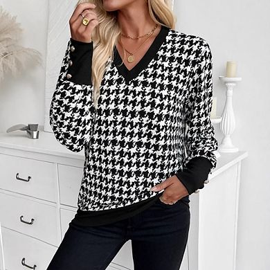 Women's V-Neck Top Long Sleeve Casual Knit Blouse for Work Office