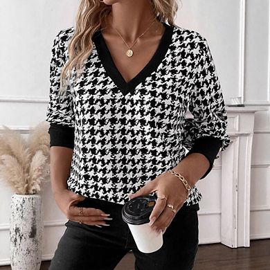 Women's V-Neck Top Long Sleeve Casual Knit Blouse for Work Office