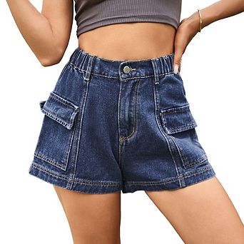 Women's High Waist Cargo Denim Shorts Elastic Waist Casual Summer Short Jeans with Pockets