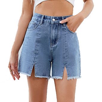 Women's High Waist Denim Shorts Front Slit Frayed Hem Casual Summer Short Jeans