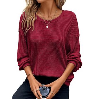 Long Sleeve Tops for Women Plus Size Waffle Knit Shirts Fashion Crewneck Pullover Casual Loose Blous