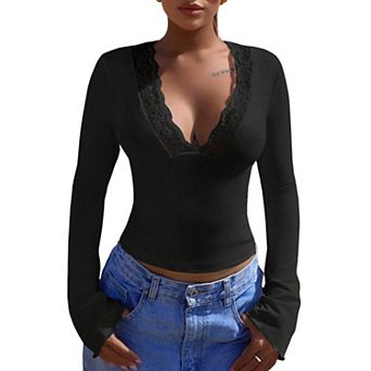 Long Sleeve Shirts for Women Lace Trim V Neck Tops Fashion Elegant Blouse Basic Tops