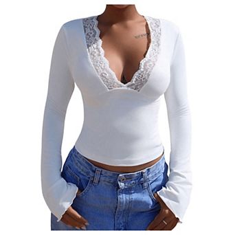 Long Sleeve Shirts for Women Lace Trim V Neck Tops Fashion Elegant Blouse Basic Tops