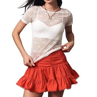 Women's Sheer Mesh Bow Print Top Short Sleeve Round Neck See-Through Party T-Shirt