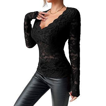 Mesh Long Sleeve Tops for Women V Neck Floral Sheer Blouse Fashion Basic Tops Party Clubwear