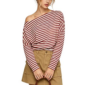 Women's Striped Off-Shoulder Top, Long Sleeve Loose-Fit Knit Shirt for Casual Chic Style