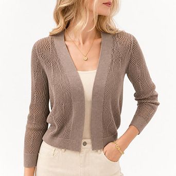 Women's 3/4 Sleeve Crochet Knit Open Front Cardigan Cropped Shrug Bolero Lightweight Sweaters Tops