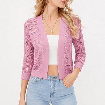 Women's 3/4 Sleeve Crochet Knit Open Front Cardigan Cropped Shrug Bolero Lightweight Sweaters Tops