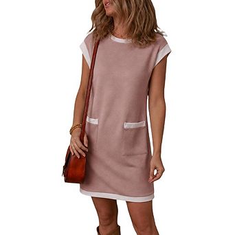 Women's Casual Spring Summer Dresses Fashion Cap Sleeve Color Block Crewneck Shift Tshirt Mini Dress