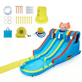 Hexagonal Dragon Theme Inflatable Water Park, Dual Slide Bouncy Castle with Slip Mat and Splash Pool