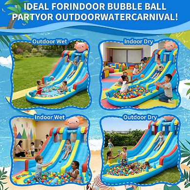 Hexagonal Dragon Theme Inflatable Water Park, Dual Slide Bouncy Castle with Slip Mat and Splash Pool
