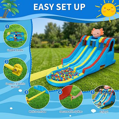 Hexagonal Dragon Theme Inflatable Water Park, Dual Slide Bouncy Castle with Slip Mat and Splash Pool