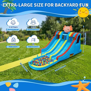 Hexagonal Dragon Theme Inflatable Water Park, Dual Slide Bouncy Castle with Slip Mat and Splash Pool