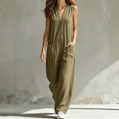 Women Sleeveless Jumpsuit V Neck Casual Wide Leg Romper with Pockets