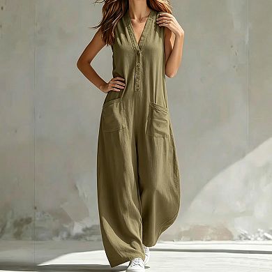 Women Sleeveless Jumpsuit V Neck Casual Wide Leg Romper with Pockets