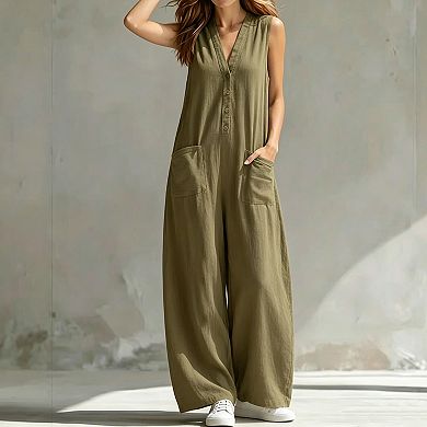Women Sleeveless Jumpsuit V Neck Casual Wide Leg Romper with Pockets