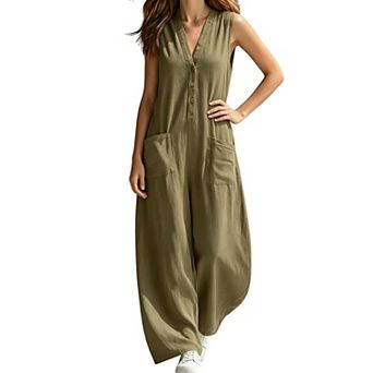 Women Sleeveless Jumpsuit V Neck Casual Wide Leg Romper with Pockets
