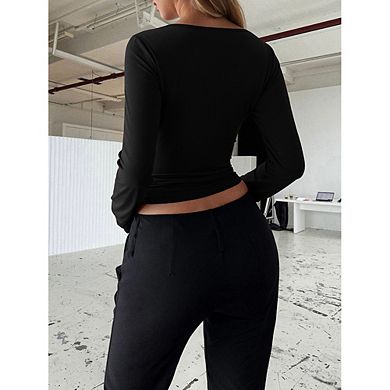 Women's Square Neck Lace Bustier Top, Long Sleeve Cropped Blouse with Front Tie, Fitted Corset Shirt