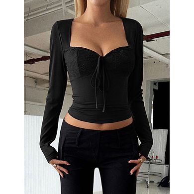 Women's Square Neck Lace Bustier Top, Long Sleeve Cropped Blouse with Front Tie, Fitted Corset Shirt