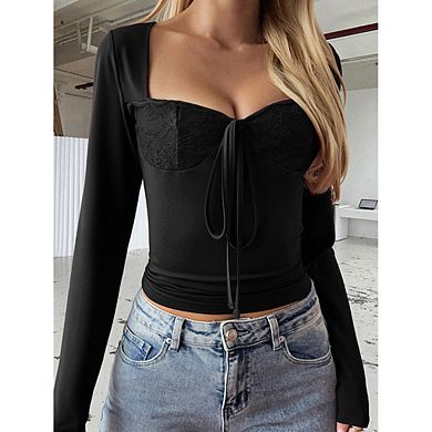 Women's Square Neck Lace Bustier Top, Long Sleeve Cropped Blouse with Front Tie, Fitted Corset Shirt