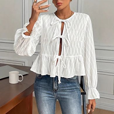 Women's Tie Front Peplum Blouse, Long Sleeve Textured Open Front Top, Casual Flounce Hem Cardigan