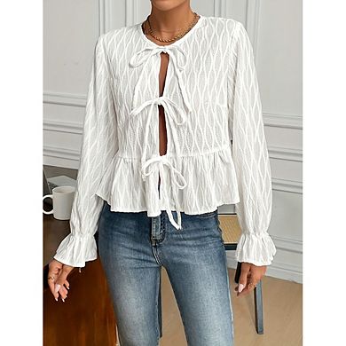Women's Tie Front Peplum Blouse, Long Sleeve Textured Open Front Top, Casual Flounce Hem Cardigan