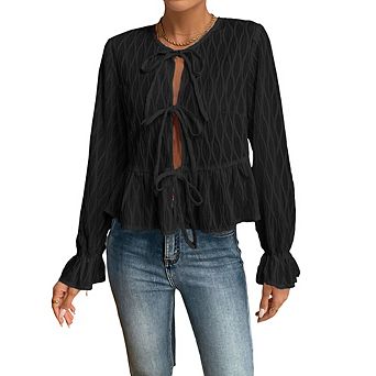 Women's Tie Front Peplum Blouse, Long Sleeve Textured Open Front Top, Casual Flounce Hem Cardigan