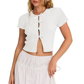 Women's Ribbed Knit Crop Top, Bow Tie Front Short Sleeve Tee, Casual Hollow Out Slim Summer Blouse