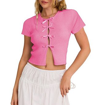 Women's Ribbed Knit Crop Top, Bow Tie Front Short Sleeve Tee, Casual Hollow Out Slim Summer Blouse