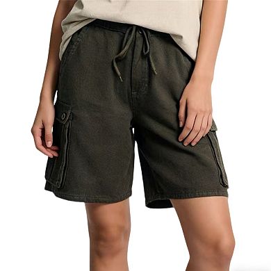Women's Drawstring Elastic Waist Vintage Denim Cargo Shorts Trendy Summer Casual Pants With Pockets