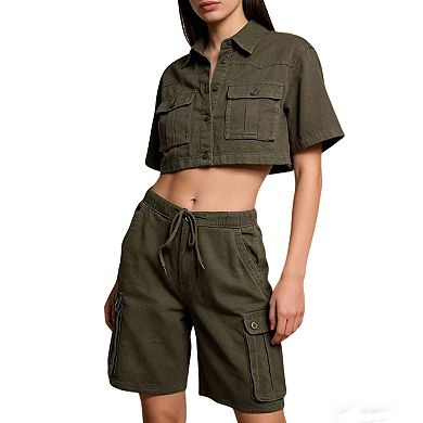 Women's Drawstring Elastic Waist Vintage Denim Cargo Shorts Trendy Summer Casual Pants With Pockets