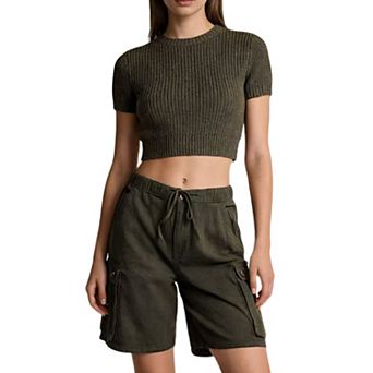 Women's Drawstring Elastic Waist Vintage Denim Cargo Shorts Trendy Summer Casual Pants With Pockets