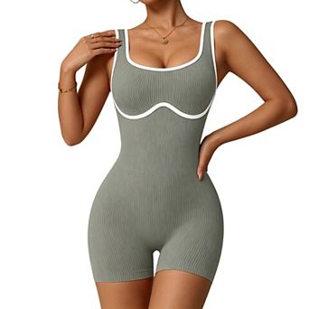 Women Ribbed Romper Contrast Trim Sleeveless Square Neck Bodycon Shorts Jumpsuit