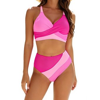 Women's Color Block High Waisted Bikini Set Tie Back 2 pc Swimsuit