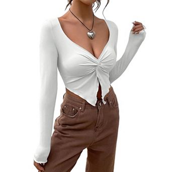 Long Sleeve Crop Tops for Women Twist V Neck Shirts Fitted Blouse Going Out Tops