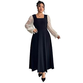 Women Plus Size Dress Casual Squared Collar Lace Up Dresses Long Ruffle Sleeve Vintage Fashion Dress