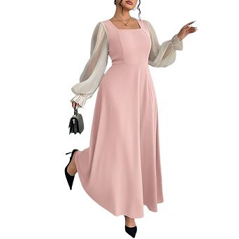 Women Plus Size Dress Casual Squared Collar Lace Up Dresses Long Ruffle Sleeve Vintage Fashion Dress