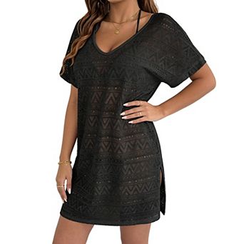 Women's Cover Up Dress Deep V Neck Backless Hollow Out Short Sleeve Beach Coverup with Side Slit